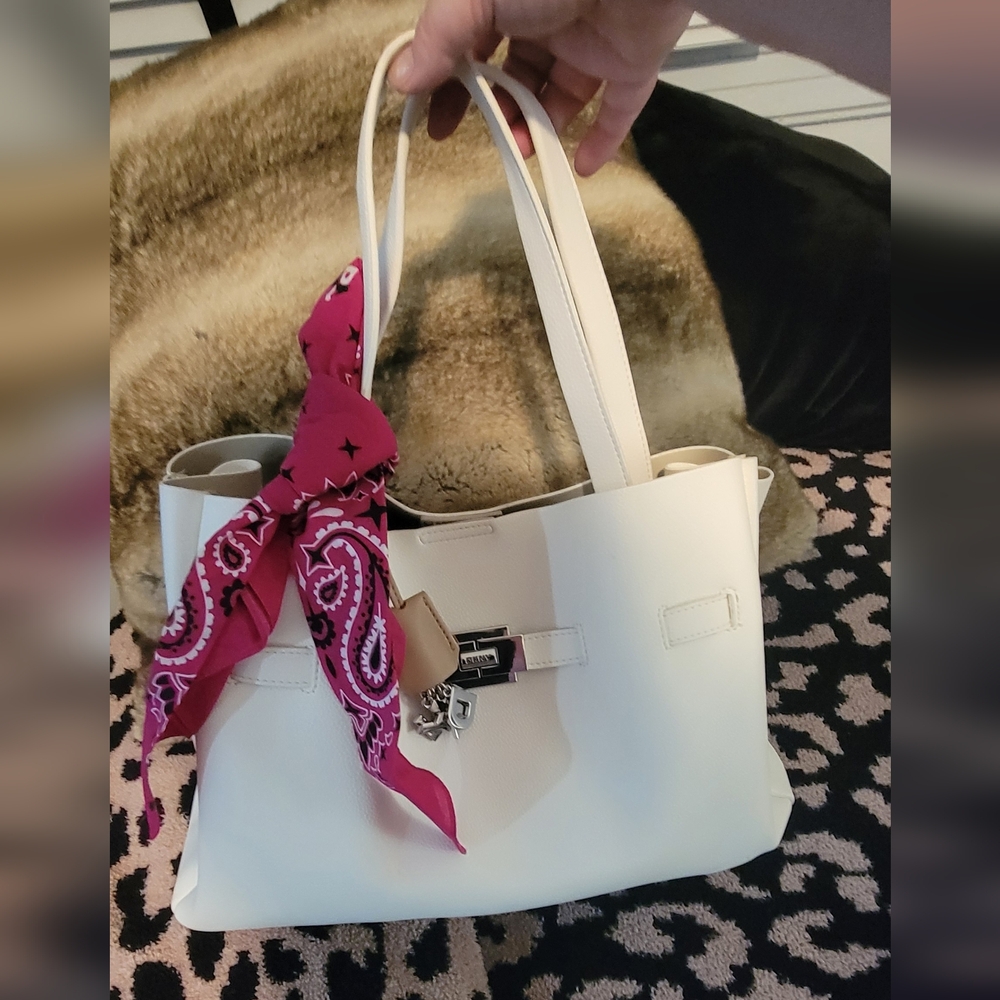 Elegant White DKNY Handbag with Pink Scarf Accent